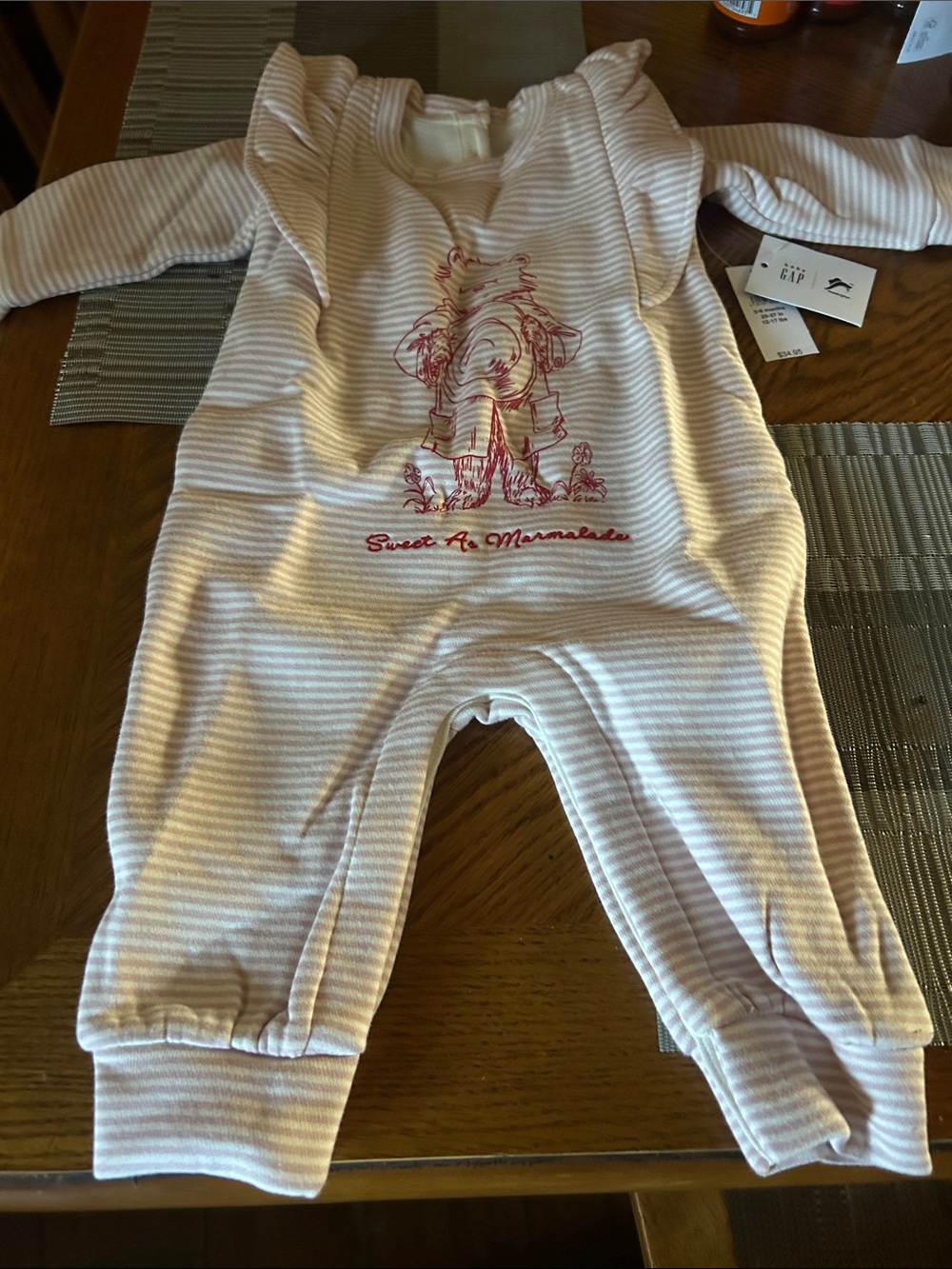 GAP Pink & White Striped Footie with Bear Graphic